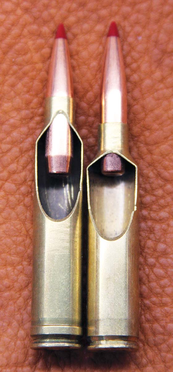 The 7mm PRC has more usable powder capacity when bullets are seated to SAAMI (Sporting Arms and Ammunition Manufacturers’ Institute) specifications.